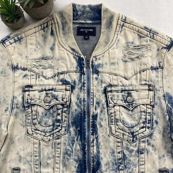 True Religion Jimmy Distressed Denim Acid Wash LS Bomber Jacket (White Tide) - Picture 6 of 16